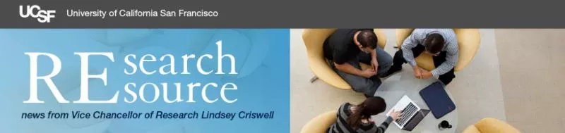 Left: Captioned "Research Resource at UCSF; a news from the Vice Chancellor for Research at UCSF" Right: picture of 3 people sitting around coffee table talking