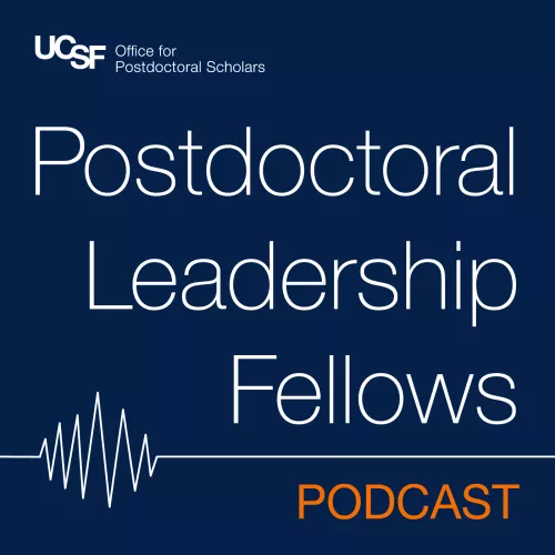 Postdoctoral Leadership Fellow Podcast cover art, featuring a blue background and a signal wave