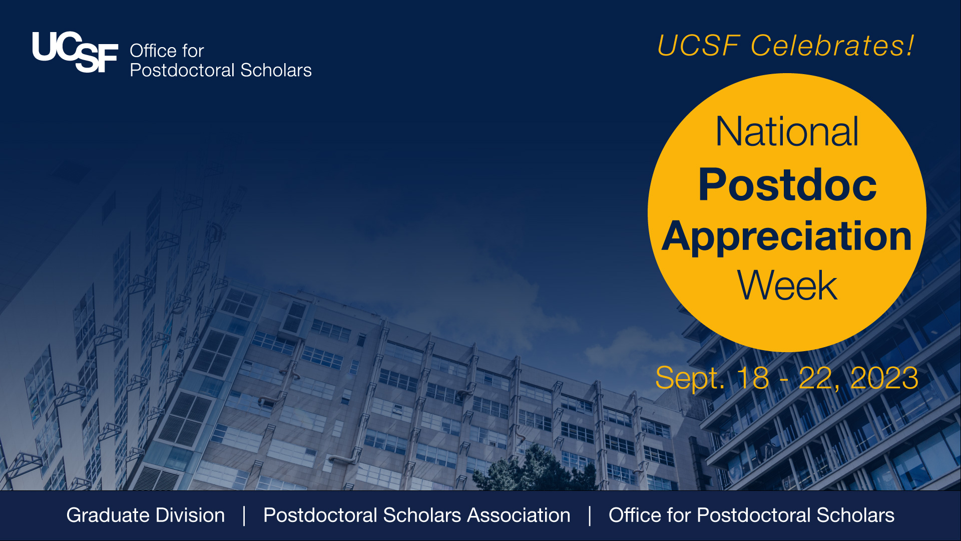 National Postdoc Appreciation Week Zoom Background with Parnassus Heights campus