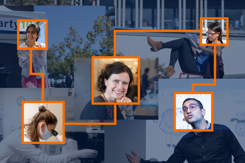 Five UCSF postdocs in their environments connected by orange squares and lines
