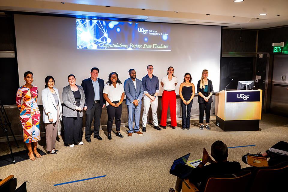 Ten postdoc finalists receive applause at conclusion of UCSF Postdoc Slam 2024